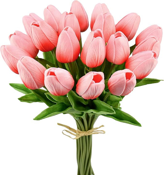 Mandy's Artificial Tulips 20 Stems Coral PU Faux Flowers for Thanksgiving and Christmas Decorations Wedding Home Decor 13.5 Inch