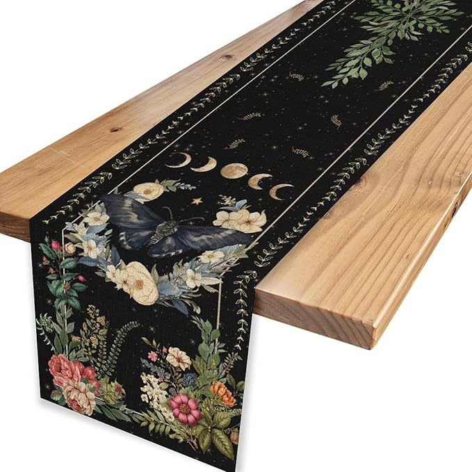 Gothic Moth Table Runner, Boho Vintage Floral Gothic Sun Moon Phase Mystical Witchy Farmhouse Coffee Table Center Decor for Home Kitchen Dining Patio Holiday Party Table Decorations 13x72 inches
