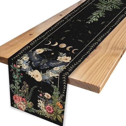 Gothic Moth Table Runner, Boho Vintage Floral Gothic Sun Moon Phase Mystical Witchy Farmhouse Coffee Table Center Decor for Home Kitchen Dining Patio Holiday Party Table Decorations 13x72 inches