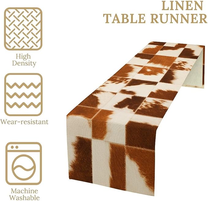 Cow Skin Print Table Runner, Rustic Country Farmhouse Animal Fur Skin Western Farm Brown Cowhide Print Dinner Runner Table Decoration for Party Holiday Home Kitchen Dining 13x108in