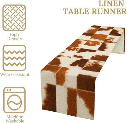 Cow Skin Print Table Runner, Rustic Country Farmhouse Animal Fur Skin Western Farm Brown Cowhide Print Dinner Runner Table Decoration for Party Holiday Home Kitchen Dining 13x108in