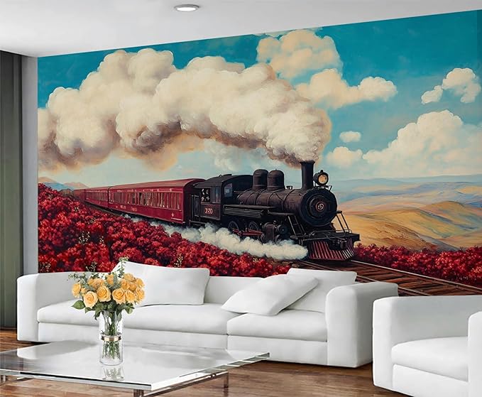 Vintage Train Wall Mural, Steam Engine Landscape 3D Wall Murals, Train Through Flower Field Wallpaper Mural, for Living Room Bedroom Large Wallpaper Indoor Decor 118" W x 82.6 "H