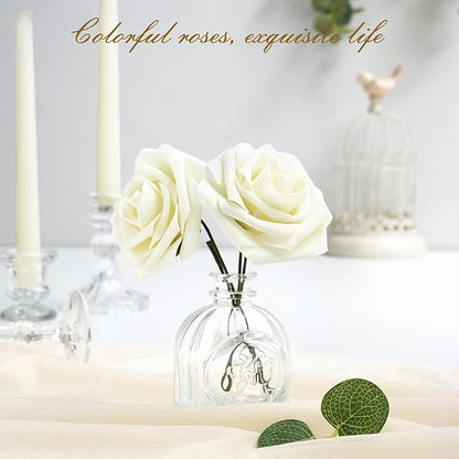 BLEUM CADE 16Pcs Artificial Flowers Fake Roses with Stems, Ivory White Boxed Foam Roses for DIY Bouquets Centerpieces Wedding Party Arrangement Bridal Shower Decor