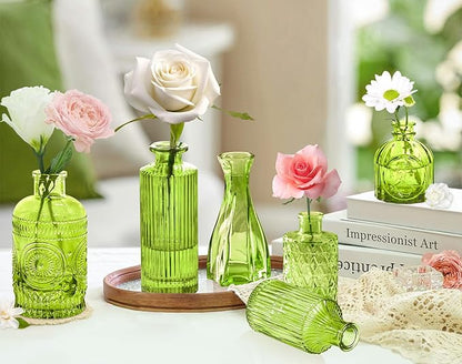 Green Glass Bud Vase Set,20Pcs Small Glass Vase for Flowers, Clear Bud Set in Bulk,Mini Single Vintage Style for Centerpiece for Rustic Wedding Decorations Home Table Flower Décor