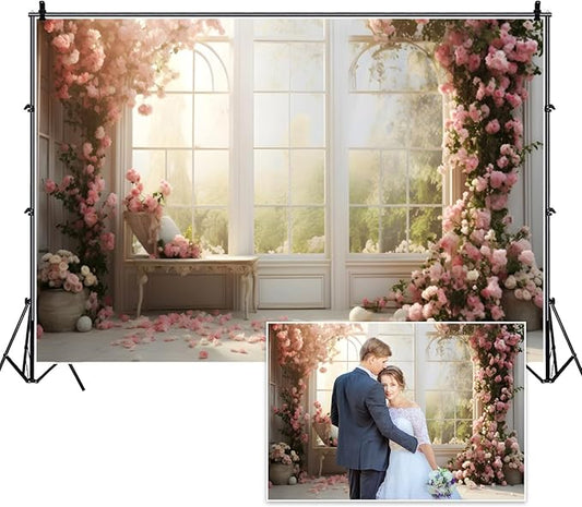 12x8ft Bridal Floral Backdrop for Wedding Pink Rose Window Scenery Green Leaves Elegant Photography Background for Valentine's Day Bridal Shower Birthday Spring Party Women Girls Portraits