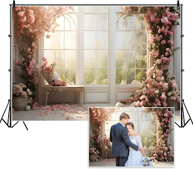 7x5ft Bridal Floral Backdrop for Wedding Pink Rose Window Scenery Green Leaves Elegant Photography Background for Valentine's Day Bridal Shower Birthday Spring Party Women Girls Portraits