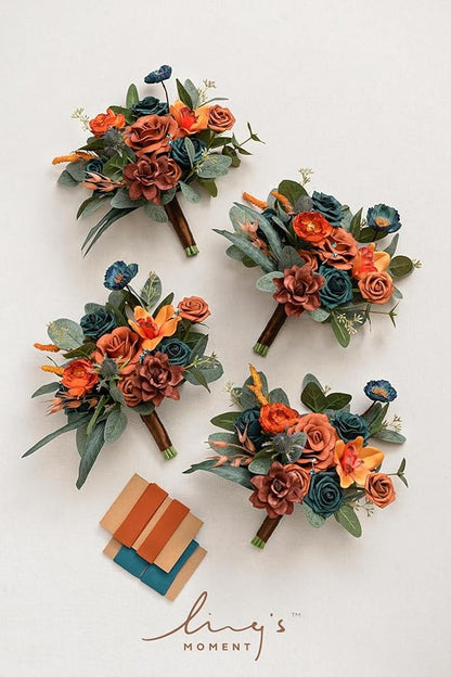 Ling's moment Artificial Flowers Teal and Orange Bridesmaid Bouquet Set of 4, Wedding Flowers Bouquets for Bridesmaids, 7 Inch Bridal Bouquets for Bridesmaids, Wedding Decor, Ceremony, etc