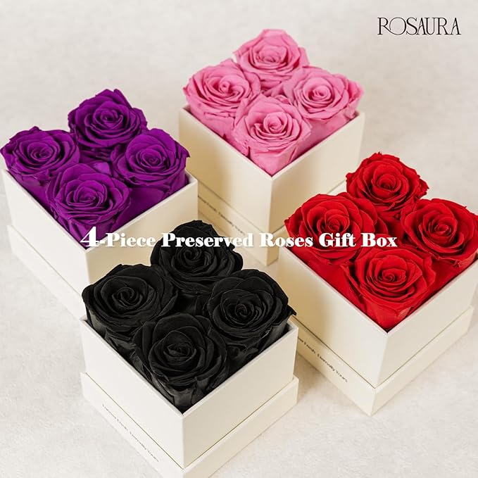 Rosaura 4-Piece Eternal Preserved Roses & Flowers Gift Box - Forever Lasting Real Roses, Preserved Flowers for Valentine's Day Purple