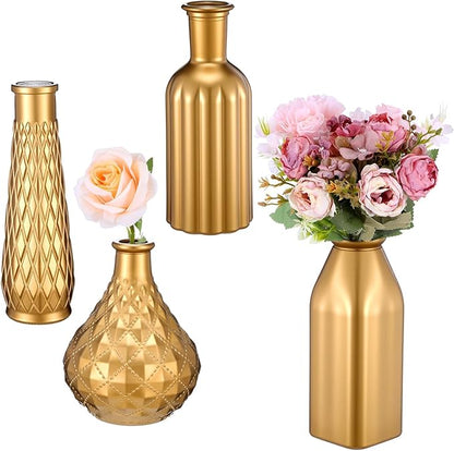 Set of 4 Gold Bud Vases - Small Gold Vases for Centerpieces, Elegant Glass Decorative Bud Vase for Wedding, Home, Table Decor with Vintage Golden Finish