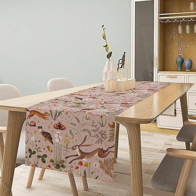 Rustic Forest Table Runner, Farmhouse Pink Woodland Hare Squirrel Owl Flowers Mushroom Print Table Runner for Holiday Kitchen Dinning Table Indoor Outdoor Home Party, 13x90inch