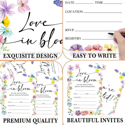 Bridal Shower Invitations, Love In Bloom Invites with Envelopes, 4x6 Inches Floral Invite Card for Wedding Shower, Newlyweds, Party Favor & Decorations-A01