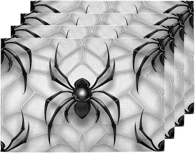 Black Spiders Placemats, Place Mats Set of 4, Heat Resistant Place Mats, Washable Table Mats for Dining Table, Non-Slip Stain Resistant Kitchen Table Placemats, Spiders Web
