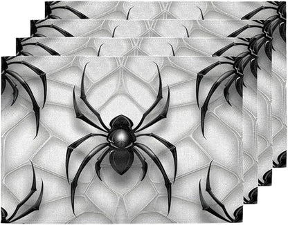 Black Spiders Placemats, Place Mats Set of 4, Heat Resistant Place Mats, Washable Table Mats for Dining Table, Non-Slip Stain Resistant Kitchen Table Placemats, Spiders Web