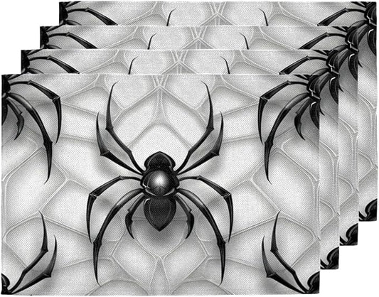 Black Spiders Placemats Set of 6, Washable Linen Place Mats, Spiders Web Table Mats for Kitchen Dining Table Decor Heat Resistant Tablemats 12x18