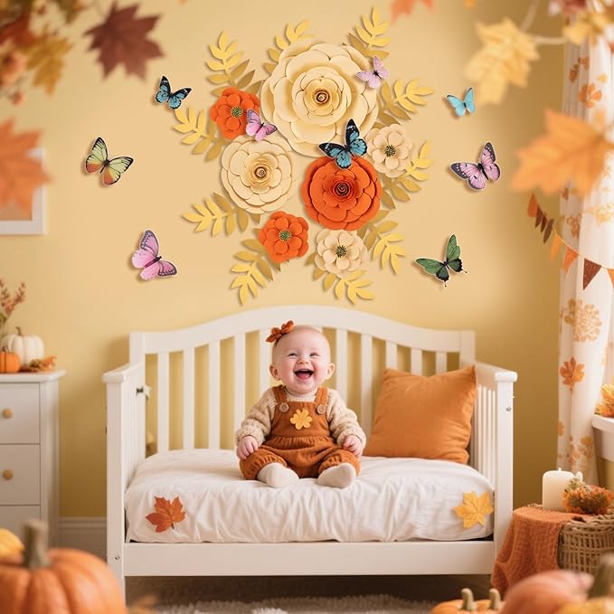 Large Paper Flowers Decorations for Wall, Artificial 3D Flower Wall Decor with Butterfly Sticker Orange Champagne Floral Wall Decal for Classroom Spring Garden Tea Bulletin Board Decorations