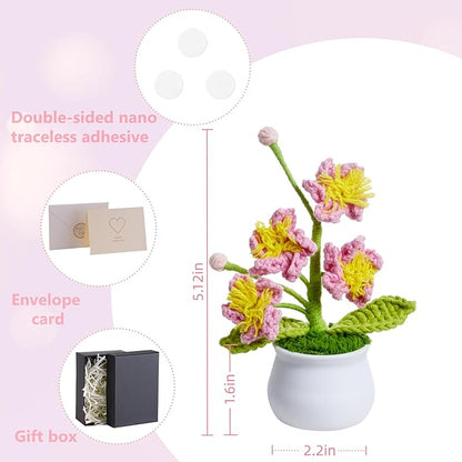 Handmade Pink Crochet Flowers Cute Potted Flower Plants, Gifts for Women, Birthday, Teacher, Anniversary, Valentines, Christmas, Decor for Dashboard,Home Room Office Decoration(Cherry Blossom)