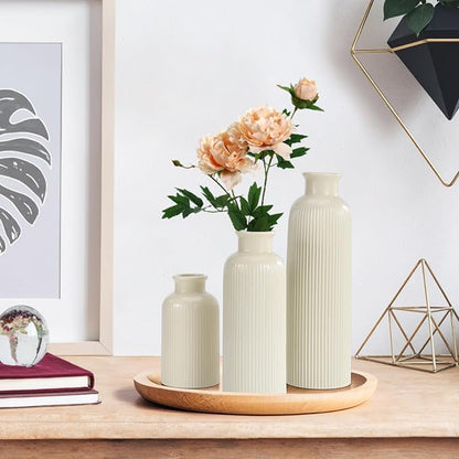 Small Beige Ceramic Vase Set of 3, Boho Modern Beige Flower Vase Room Decor, Farmhouse Decor, Vases for Your Kitchen, Bathroom, Bedroom, Living Room, Office&Shelf Centerpiece Table Decorations