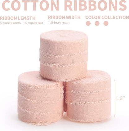 Dusty Pink Ribbon 1-1/2 x 15 Yards Handmade Cotton Frayed Fringe Fabric Ribbons for Crafts Flower Bouquets Wedding Baby Shower Home DIY Decor