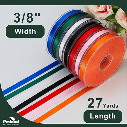 PMLAND Christmas Green Fabric Satin Ribbon 3/8'' Inch x 27 Yards Double Faced Use for Crafts Gift Wrapping Floral Bouquets Ornaments Hair Bows Party Decoration