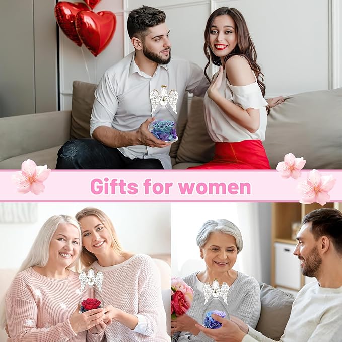 Yamonic Christmas Birthday Gifts for Mom, Angel Figurines with Real Rose Gifts for Her Mom Grandma, Preserved Rose in Glass Angel Figurines for Mothers Day Valentine's Day Gifts for Women (Red Sky)