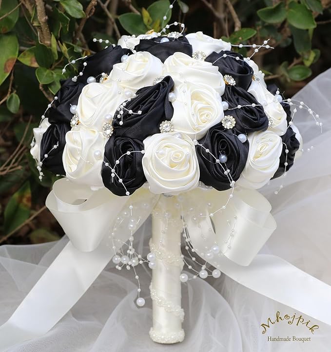 Bridal Wedding Bouquet Round Bling Brooch Bouquet Throw Toss Artificial Rose Flower Bunch for Bride Bridesmaid Wedding Quinceanera(Black & Ivory, 9.8")