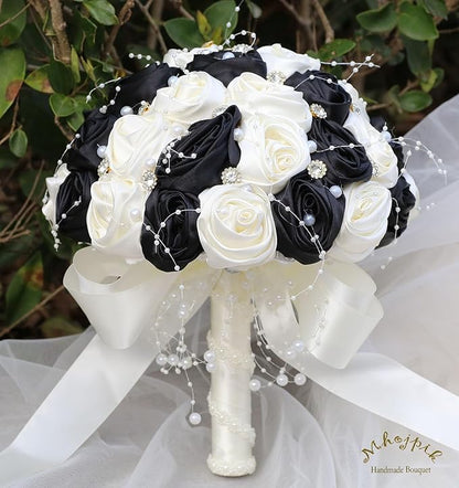 Bridal Wedding Bouquet Round Bling Brooch Bouquet Throw Toss Artificial Rose Flower Bunch for Bride Bridesmaid Wedding Quinceanera(Black & Ivory, 9.8")