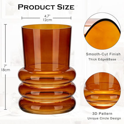 Amber Glass Flower Vase, 7" x 4.7" Thickened Hydroponic Flower Vase Modern Geometric Glass Vase for Home Living Room Wedding Centerpieces Office Table Decor