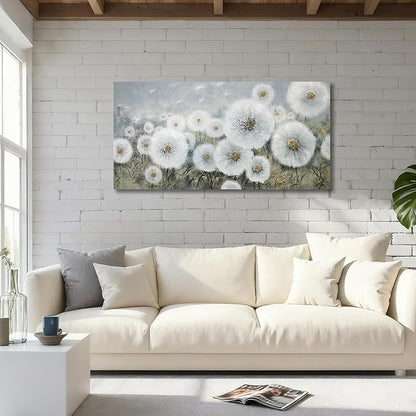 Ardemy Flower Wall Art Canvas Dandelion Painting White Floral Picture, Textured Large Framed for Living Room Bedroom Kitchen Dining Room Bathroom Home Office Decor 40"x20"