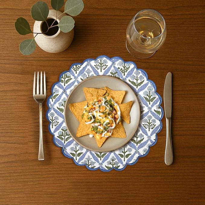 Ridhi Light Steel Blue Bo-ho Round Place Mat Easter Floral Cotton Washable Placemats 15" Round Embroidery Block Print Table Mat Pack of 8-15 Inch Round