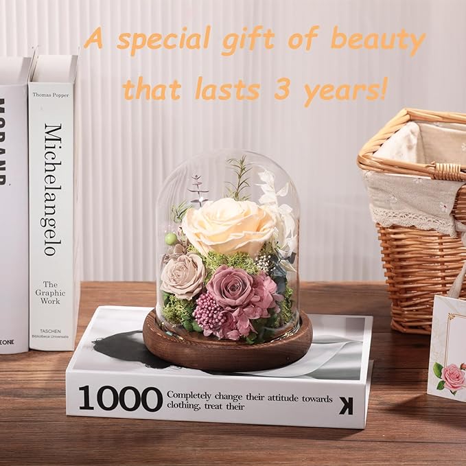 Lovenfold Flowers for Delivery Preserved Rose Gifts for Her,Forever Real Roses Flowers in Glass Dome,Birthday Gifts for Women Mom Wife Friend(Champagne Rose)