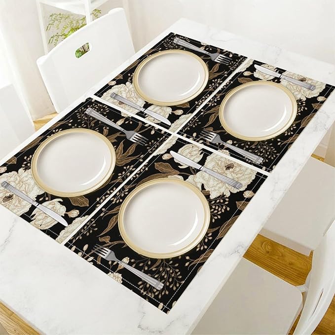 Black Gold Floral Placemats Set of 6, 17x12 Inch Abstract Vintage Rustic Flower Botanical Aesthetic Art Print Table Mats for Home Party Kitchen Dining Decor