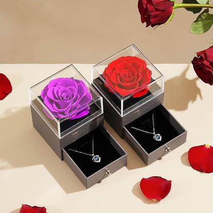 ADDWel Eternal Rose Gifts for Her - Preserved Rose with Silver Heart Pendant Necklace for Wife Girlfriend Mom | You are My Sunshine Music Box for Women - Perfect on Valentines, Birthday, Anniversary