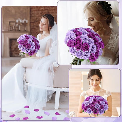 36 Pcs Lilac, Purple Artificial Roses with Long Stems, Fake Silk Rose Artificial Flowers Bulk for Bridal Wedding Bouquet Centerpiece Ball Arrangement Party Decor