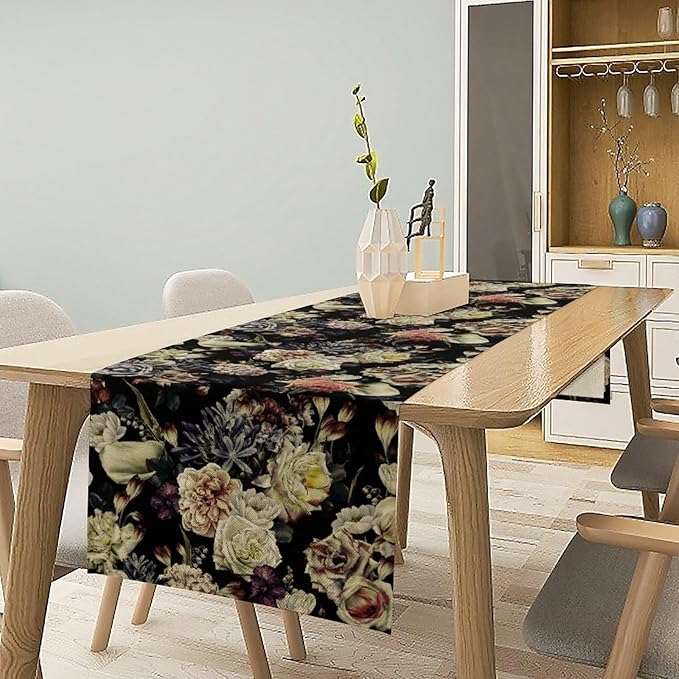 Vintage Flowers Table Runner,Black Rose Peony Gothic Floral Spring Summer Seasonal Table Runner for Home Kitchen Table Dining Indoor Outdoor Party Decor 13x120 Inch