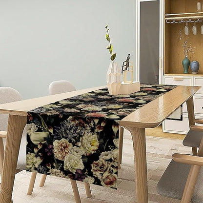 Vintage Flowers Table Runner,Black Rose Peony Gothic Floral Spring Summer Seasonal Table Runner for Home Kitchen Table Dining Indoor Outdoor Party Decor 13x120 Inch