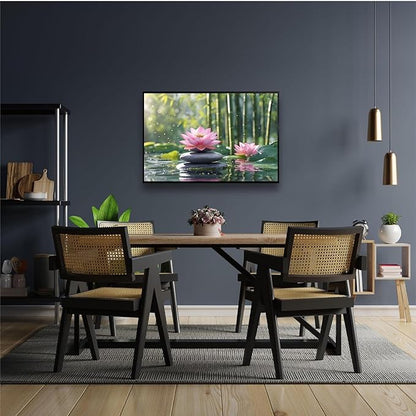 Ethereal pink lotus on obsidian Sunlit bamboo forest with sparkling water drops Poetic nature inspired wall art for tranquil homes and mindful spaces 12x18in Metal blackFramed