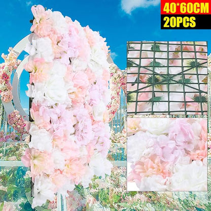 20pcs 24" x 16" Artificial Flower Wall Panel Background,3D Pink Silk Hydrangea Rose Flowers Wall Backdrop for Wedding Party Event Photo Stage Backdrop Wall Decor (Pink)