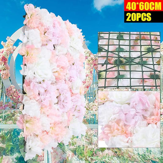 20pcs 24" x 16" Artificial Flower Wall Panel Background,3D Pink Silk Hydrangea Rose Flowers Wall Backdrop for Wedding Party Event Photo Stage Backdrop Wall Decor (Pink)