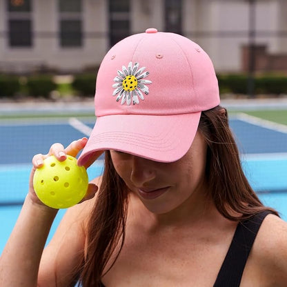 Waldeal Pickleball Hat for Women, Ajustable Embroidered Daisy Washed Denim Baseball Cap