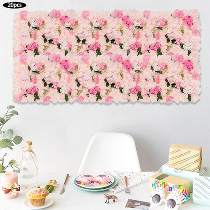 20 PCS Artificial Flower Wall Panel,Each Panel 24" x 16"3D Silk Rose Hydrangea Floral Backdrop,Handmade Eco-Friendly Flower Wall Photo Backdrop Decor (type3)