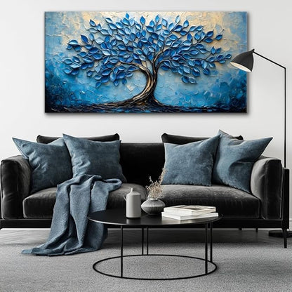 LAVIKARS Modern Tree of Life Wall Art for Living Room Office Navy Blue Abstract Oil Landscape Canvas Painting Prints Large Nature Artwork Home Kitchen Bedroom Decor (23x46 Inches)