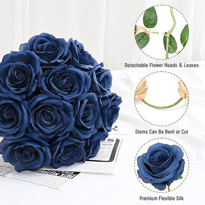 Waipfaru 16 Pcs Blue Roses Artificial Flowers, Long Stem Fake Roses, Silk Faux Flowers for Valentines Wedding Bouquet Vase Centerpiece Home Decor (Navy Blue)