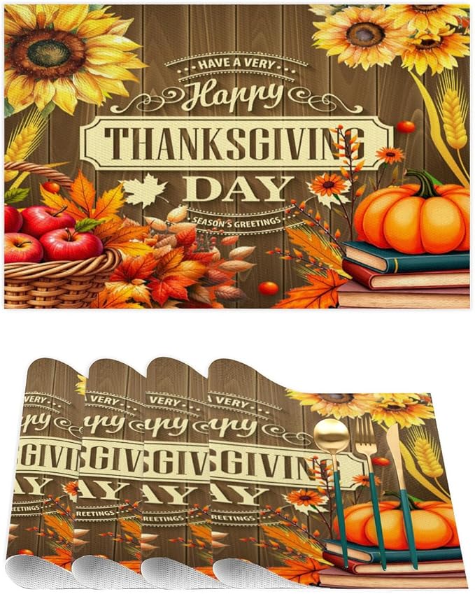 Thanksgiving Holiday Pumpkins Fall Placemats Set of 1 PVC Vinyl Non Slip Table Mats Heat Resistant Place Mats Washable Wipeable Dining Table Mat for Kitchen Decor Party Indoor Outdoor Decorative Gift