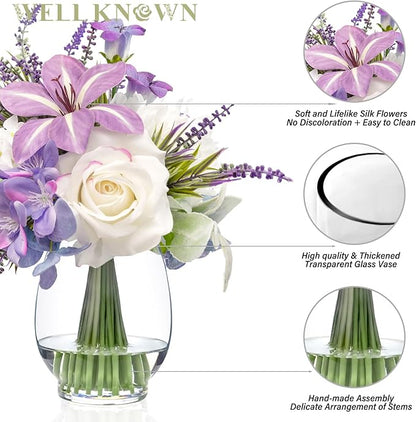 WELL KNOWN Fake Flowers in Vase Artificial Flowers with Fake Water, Real Touch Faux Silk Rose & Blooming Tulips Spring Flower with Lavender Arrangements for Table Decor (White Purple)