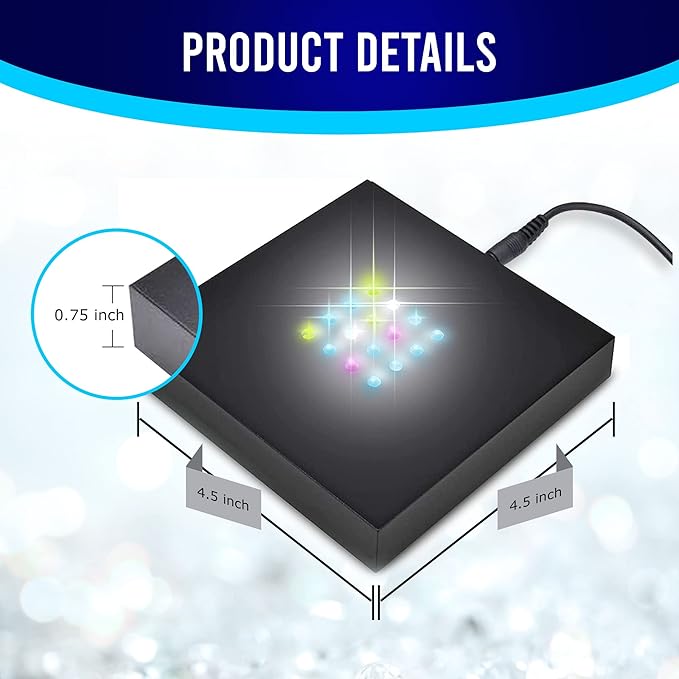 16 LED Multi-Color Light Stand Base- Lighted Acrylic Display, Crystal Display, Trophy & Art Hologram, 3D Pedestal Stand for Crafts, & Other Special Centerpieces, 4.5V AC/USB Adapter, Matte Black