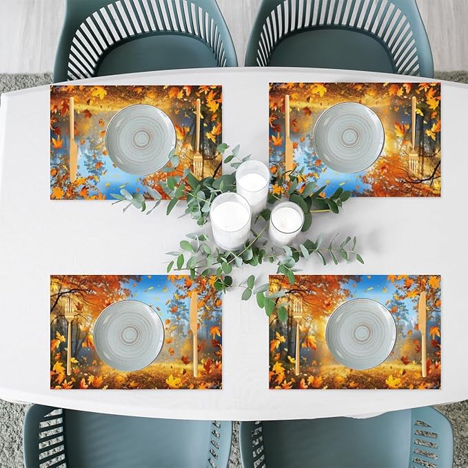 Forest Tree Fall Leaf Placemats Set of 6 PVC Vinyl Non Slip Table Mats Heat Resistant Place Mats Washable Wipeable Dining Table Mat for Kitchen Decor Party Indoor Outdoor Decorative Gift