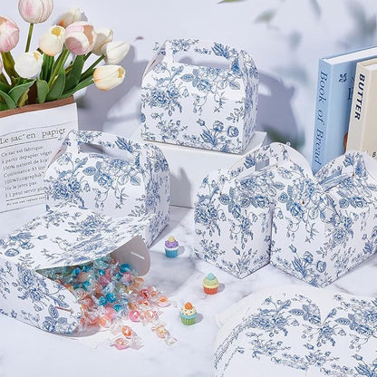 UNICRAFTALE 4pcs Blue Floral Party Gift Favor Boxes with Handles Flower Pattern Gable Box Chinoiserie Floral Printed Paper Candy Box for Wedding Birthday Tea Bridal Shower Party Supplies