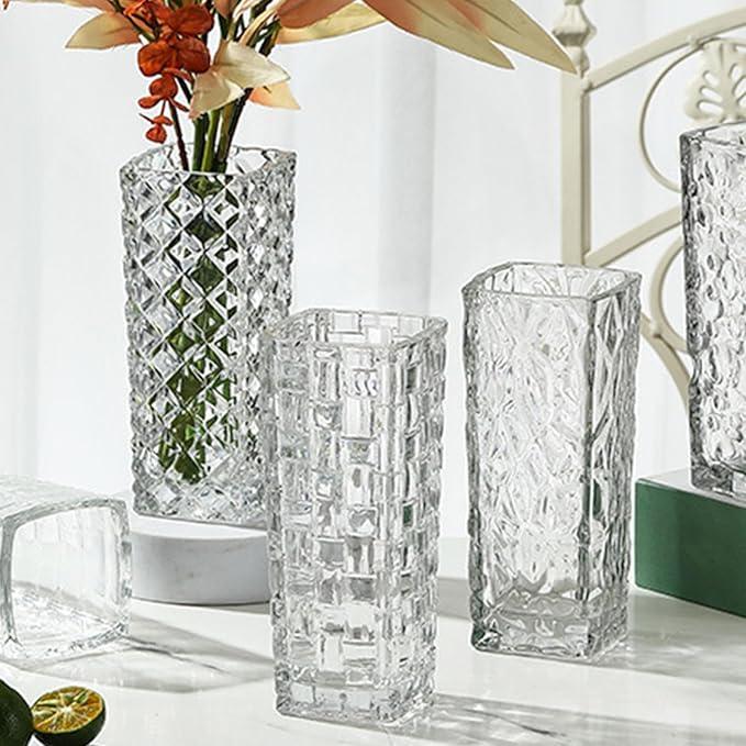 Clear Glass Vase for Flowers Esmiome Square Embossed Rectangle 6in High Glass Bud Vases Small Vase for Flowers Plant Terrarium Candle Holder Water Glasses for Wedding Centerpiece Office Table,IcePlate