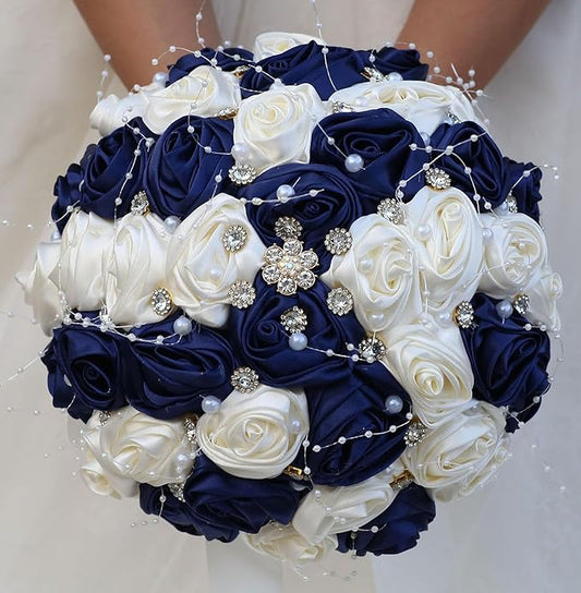 Bridal Wedding Bouquet Round Bling Brooch Bouquet Throw Toss Artificial Rose Flower Bunch for Bride Bridesmaid Wedding Quinceanera(Navy Blue & Ivory, 9.8")
