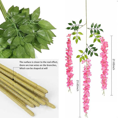 Artificial Wisteria Hanging Flowers Fake Wisteria Flower Garland Silk Vines Rattan Decor for Home Wedding Arch Wall Garden Greenery Bedroom Outdoor Office Party Decoration(24, Dark Pink)